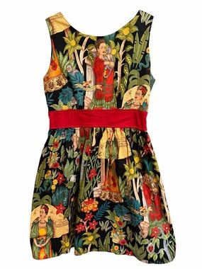Hemet Frida Kahlo Mexican Folk Art Cotton Fit Flare Dress S Made USA